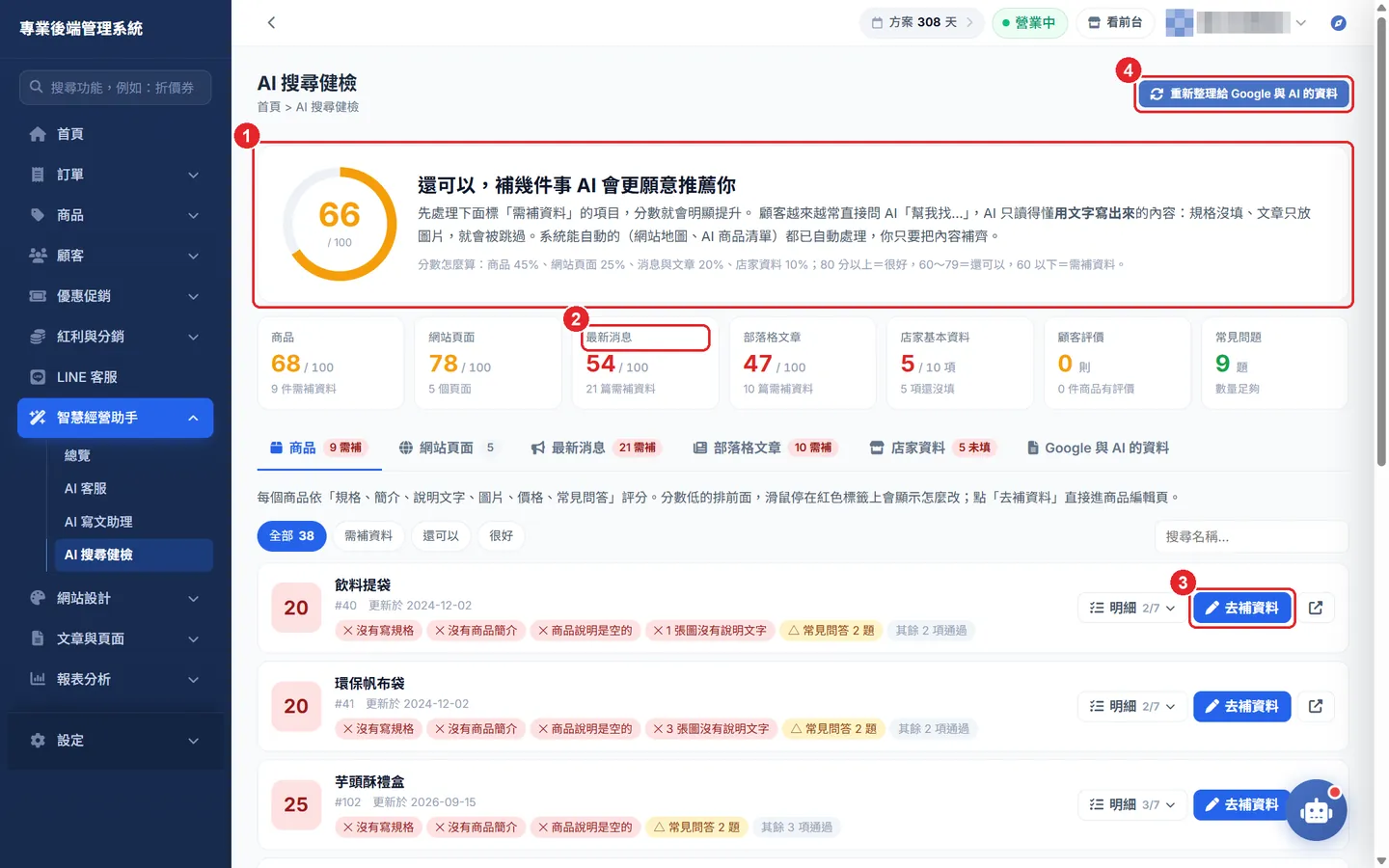 Shopto 後台「AI 搜尋健檢（AEO）」操作畫面：AI 搜尋健檢：總分、分類、補資料與更新