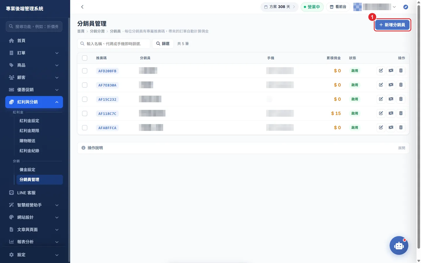 Shopto 後台「分銷員管理」操作畫面：分銷員列表