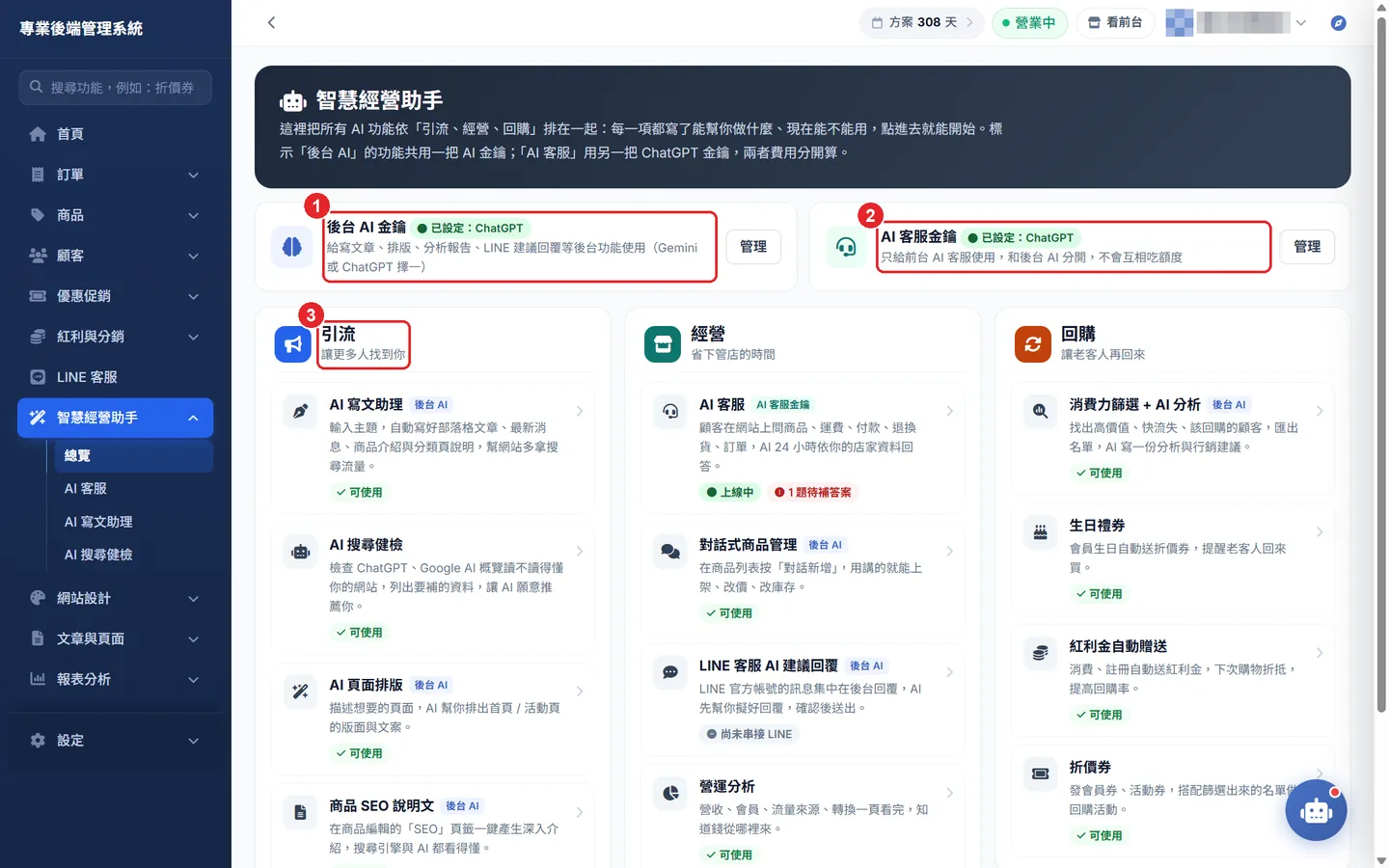 Shopto 後台「智慧經營助手總覽」操作畫面：智慧經營助手：兩把金鑰與三大類功能
