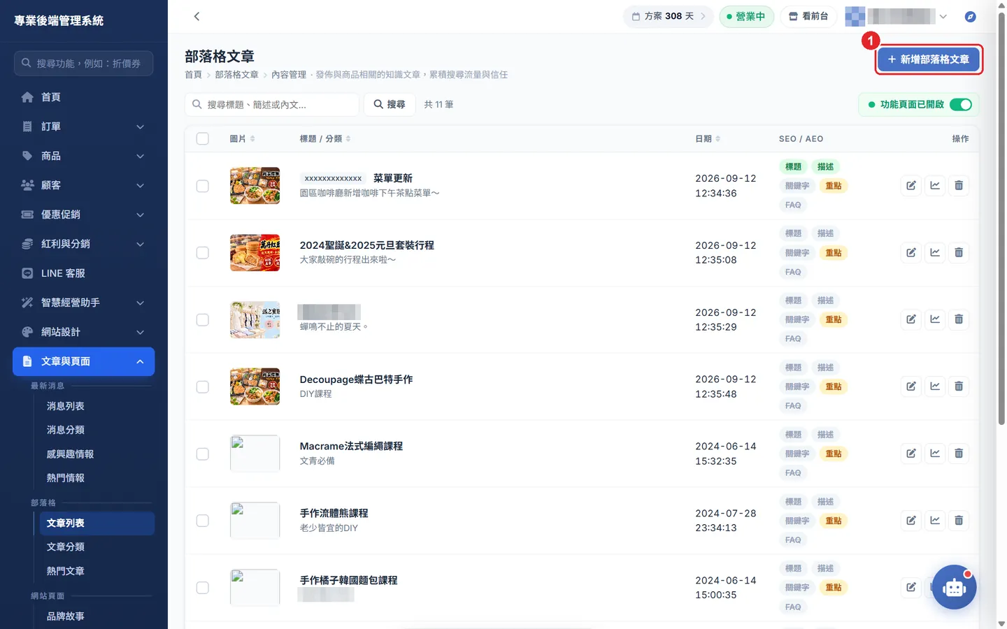 Shopto 後台「新增部落格文章」操作畫面：部落格文章列表