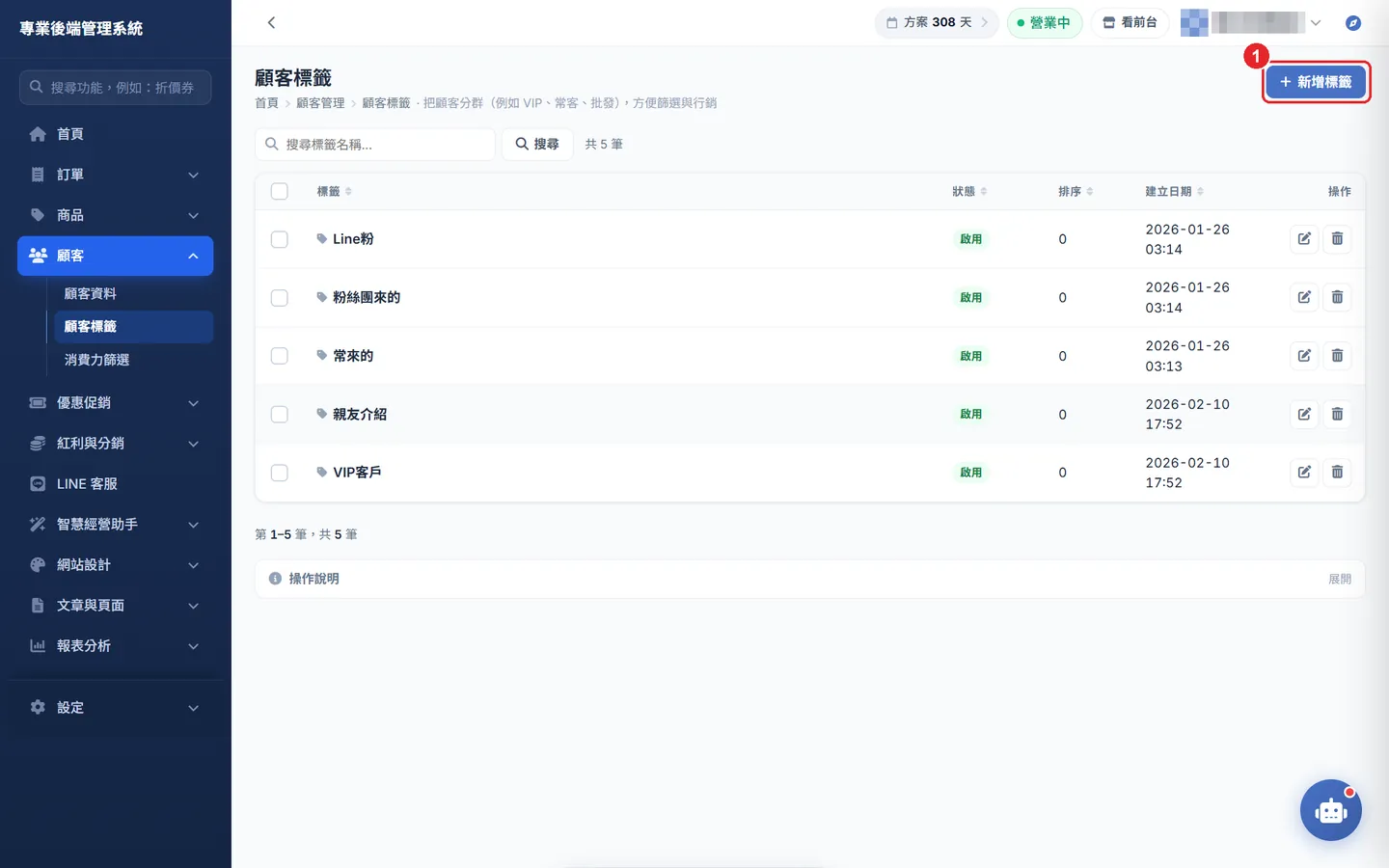 Shopto 後台「顧客標籤」操作畫面：顧客標籤列表