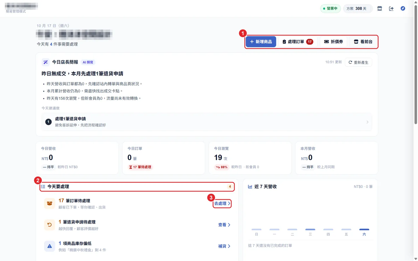 Shopto 後台「簡易管理模式」操作畫面：簡易管理模式：常用按鈕與今日待辦