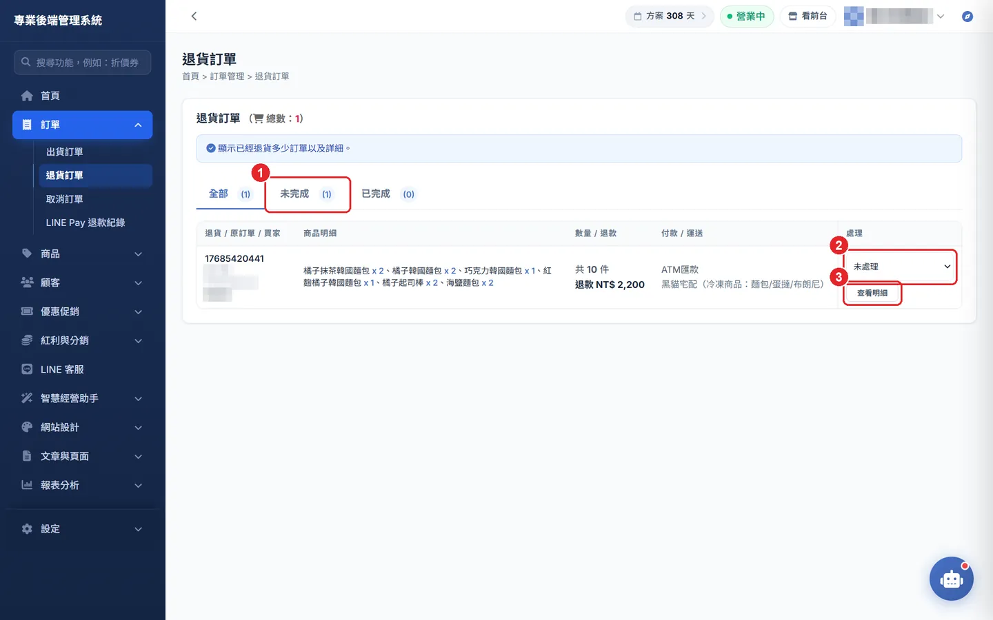 Shopto 後台「退貨訂單」操作畫面：退貨訂單：篩選、改狀態、看明細