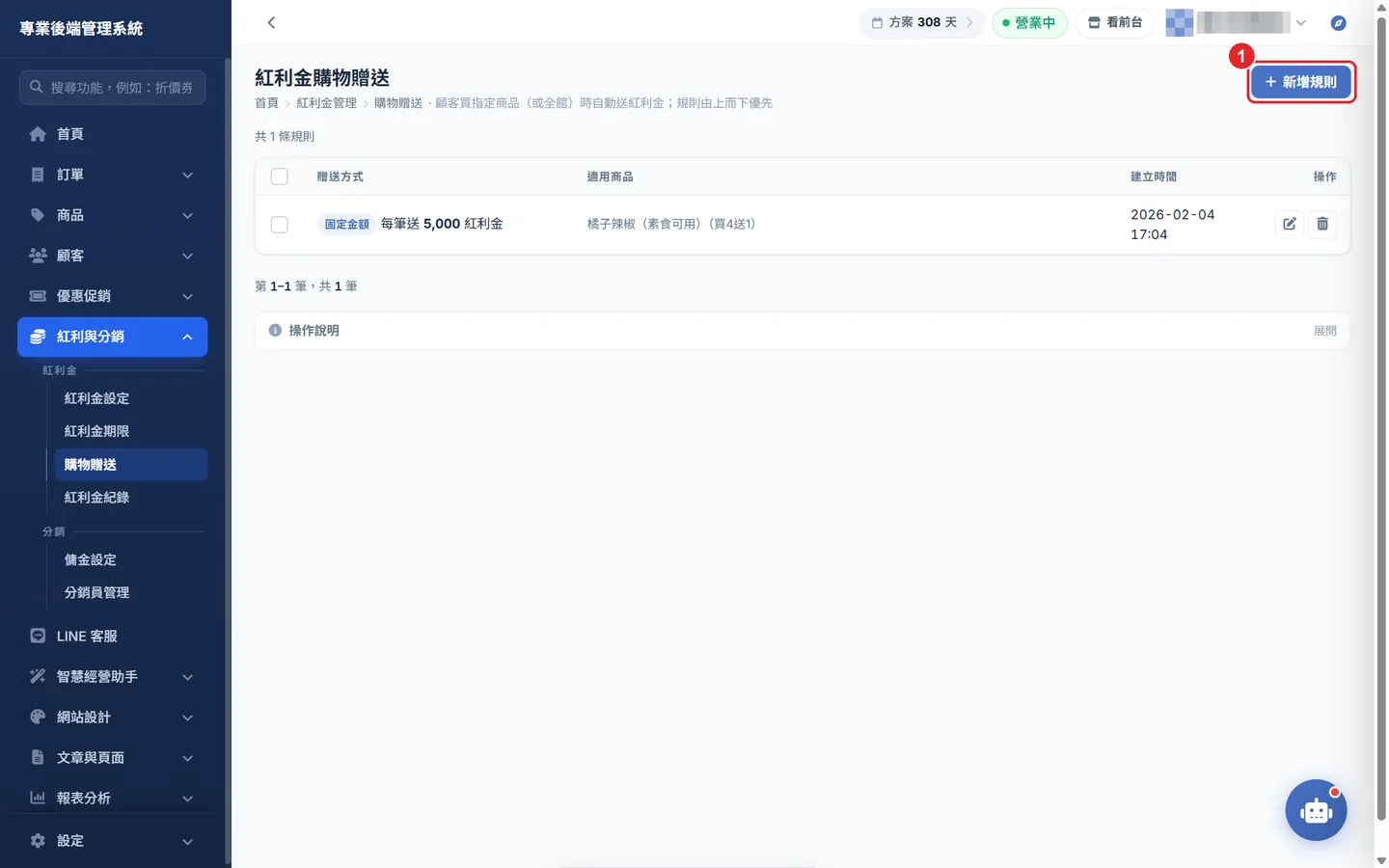 Shopto 後台「購物贈送紅利」操作畫面：購物贈送規則列表