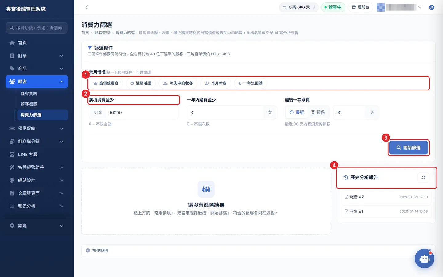 Shopto 後台「消費力篩選（RFM）＋ AI 分析報告」操作畫面：消費力篩選：常用情境、條件與報告